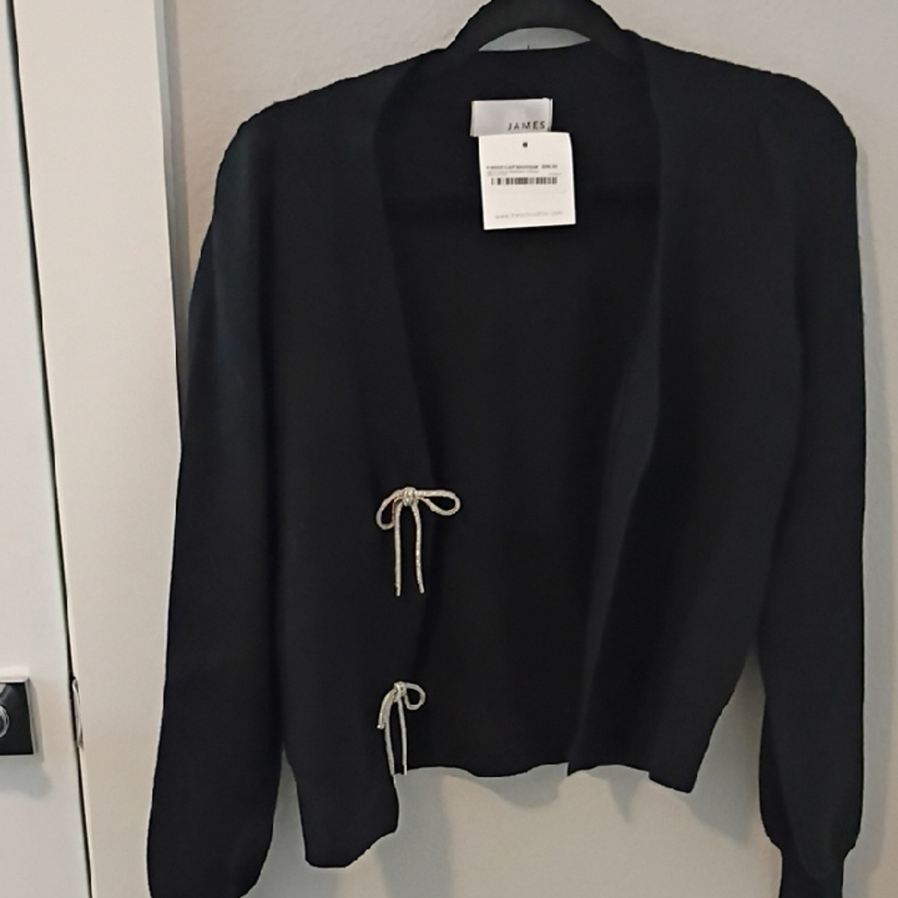 French Cuff Black Cardigan with Tie Accents